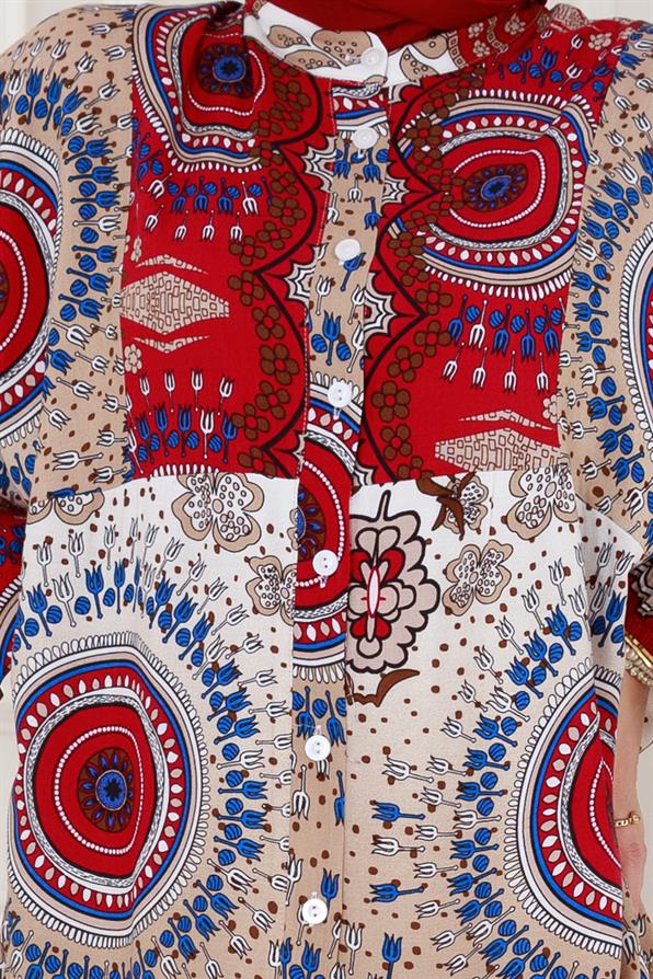 Yarım Düğmeli Robalı Kader Elbise-Bordo