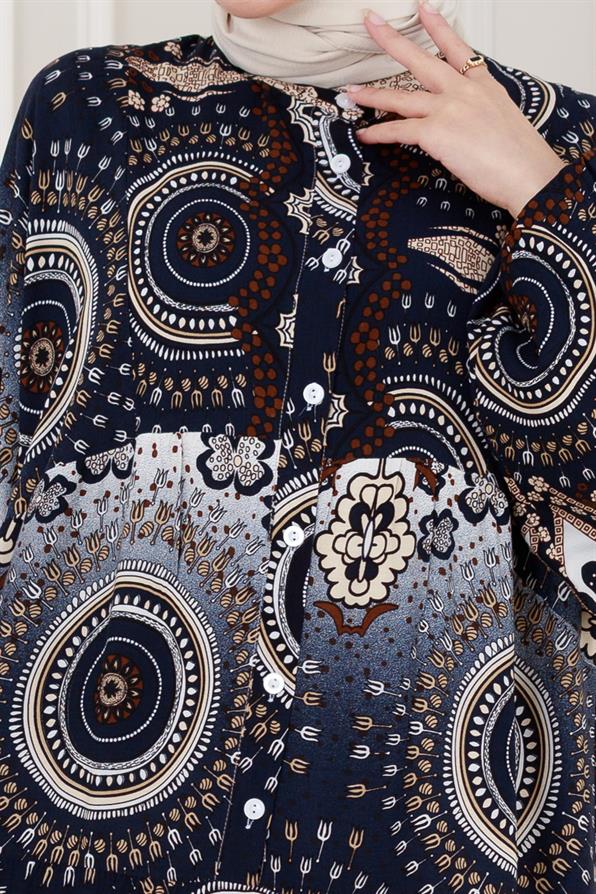 Yarım Düğmeli Robalı Kader Elbise-Lacivert