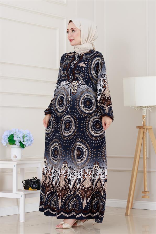 Yarım Düğmeli Robalı Kader Elbise-Lacivert