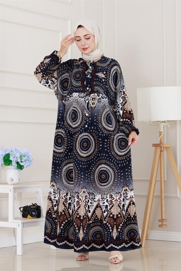 Yarım Düğmeli Robalı Kader Elbise-Lacivert