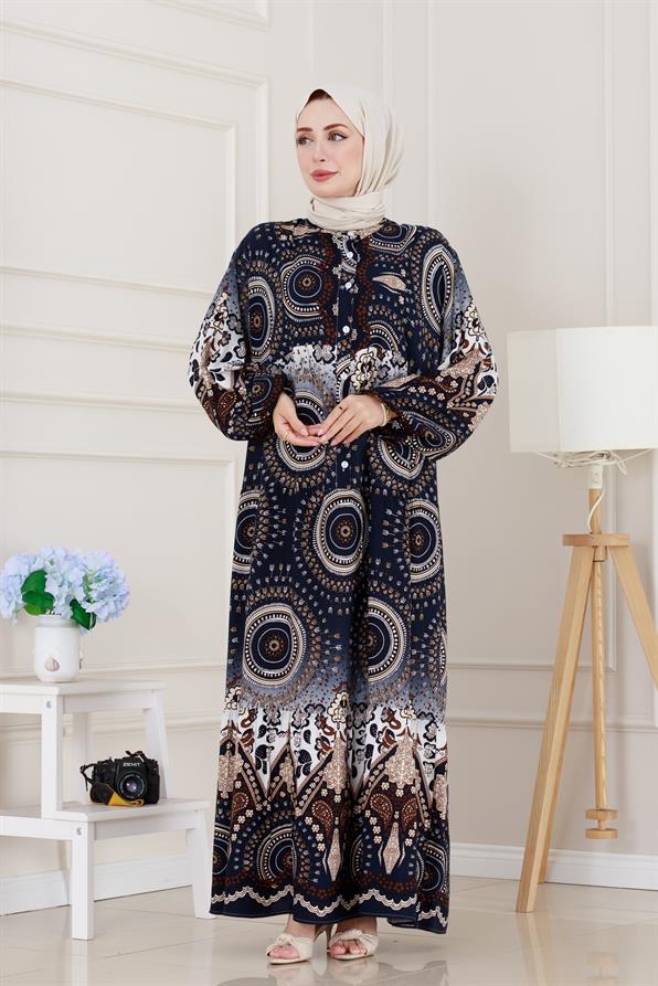 Yarım Düğmeli Robalı Kader Elbise-Lacivert