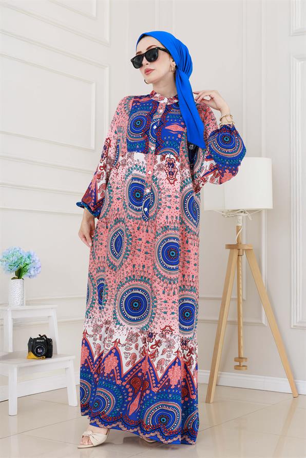 Yarım Düğmeli Robalı Kader Elbise-Mavi