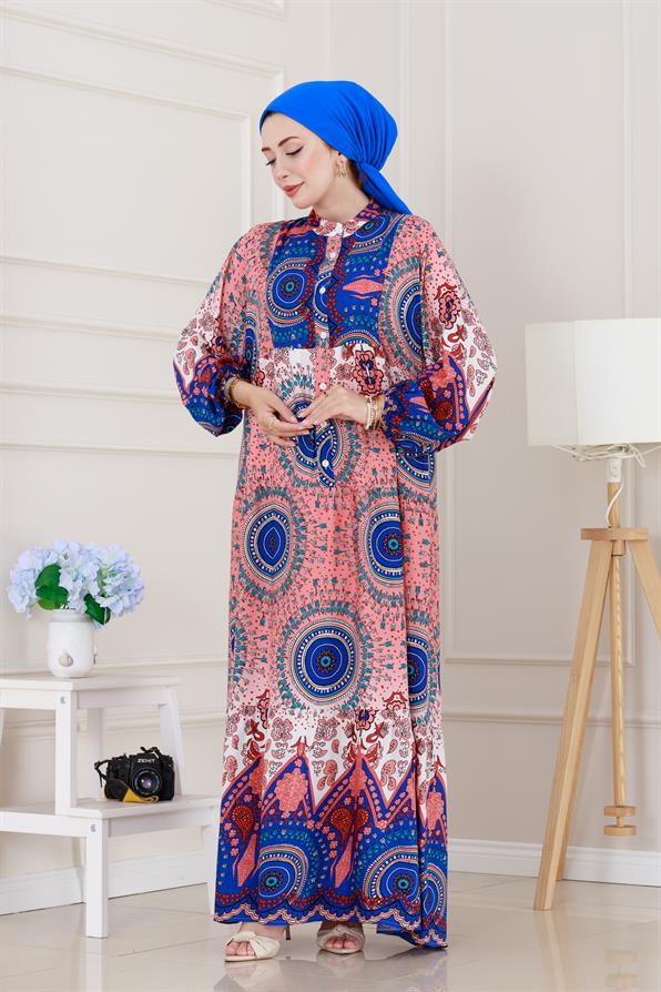 Yarım Düğmeli Robalı Kader Elbise-Mavi