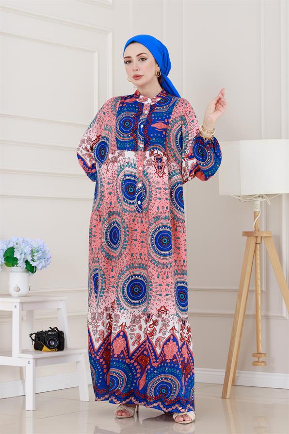 Yarım Düğmeli Robalı Kader Elbise-Mavi