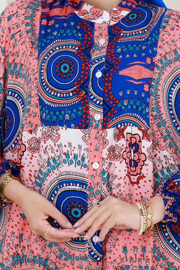 Yarım Düğmeli Robalı Kader Elbise-Mavi