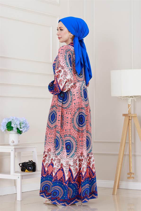 Yarım Düğmeli Robalı Kader Elbise-Mavi