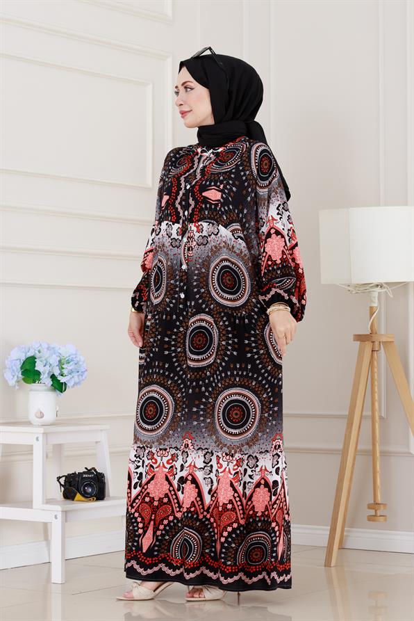 Yarım Düğmeli Robalı Kader Elbise-Siyah