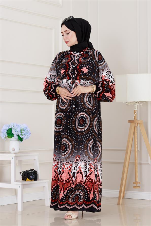 Yarım Düğmeli Robalı Kader Elbise-Siyah