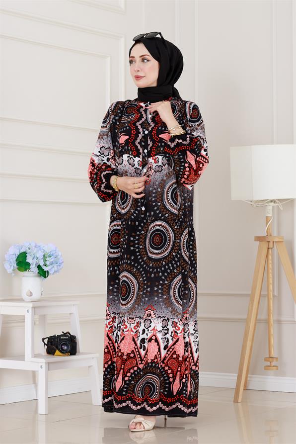 Yarım Düğmeli Robalı Kader Elbise-Siyah