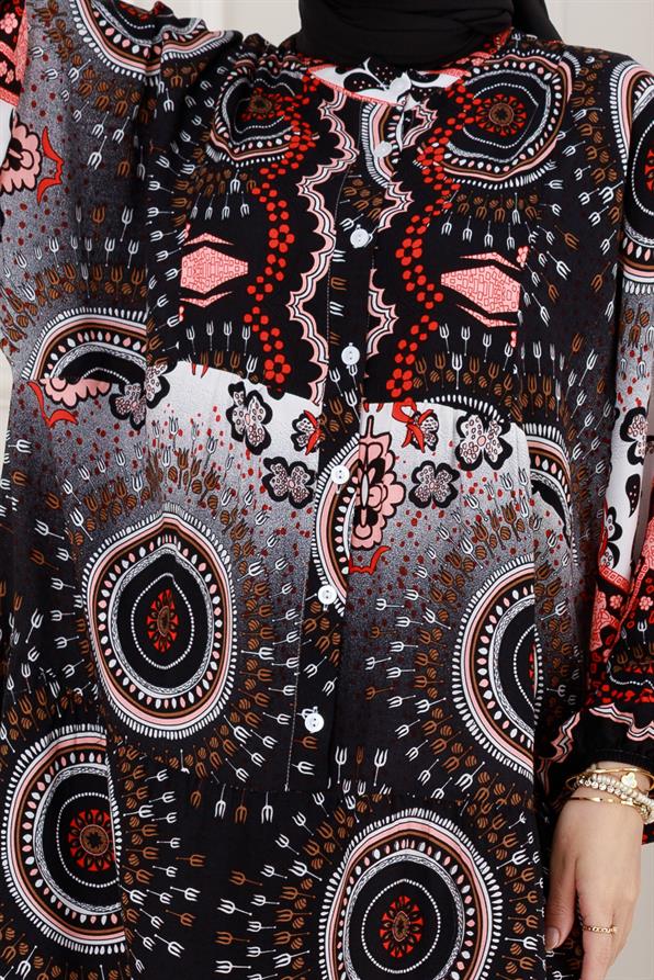 Yarım Düğmeli Robalı Kader Elbise-Siyah