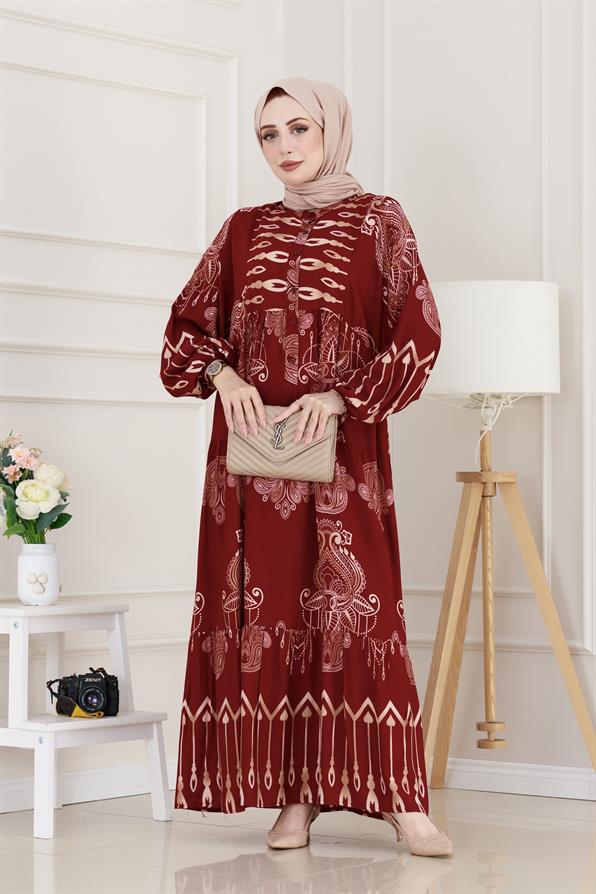 Yarım Düğmeli Robalı Meryem Elbise-Bordo