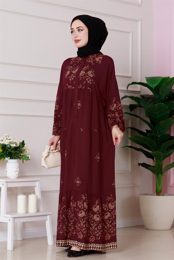 فستان نيلاي بنصف أزرار - عنابي اللون