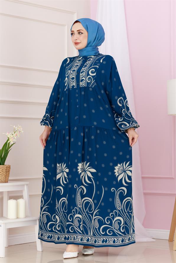 Half Buttoned Robe April Dress-indigo color