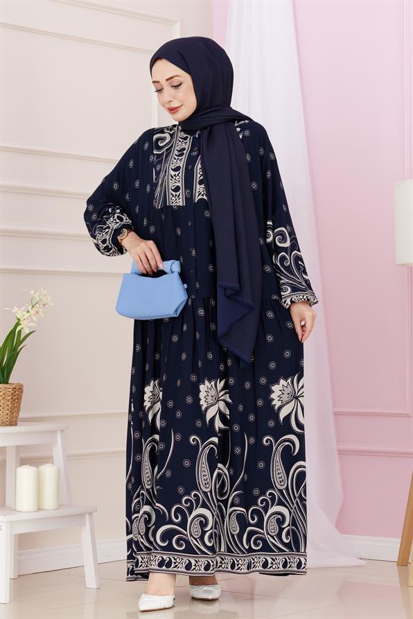 Half Buttoned Robe April Dress-navy blue color
