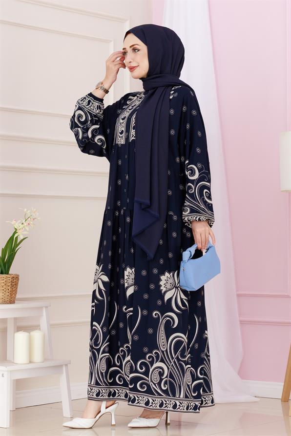 Half Buttoned Robe April Dress-navy blue color