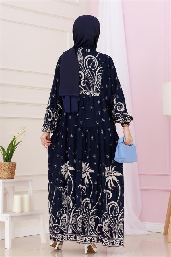 Half Buttoned Robe April Dress-navy blue color