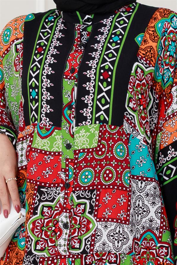Yarım Düğmeli Robalı Yama Desen Elbise-Siyah
