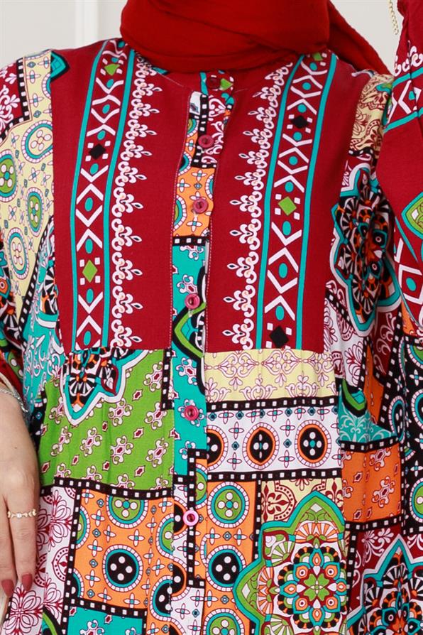 Yarım Düğmeli Robalı Yama Desen Elbise-Bordo