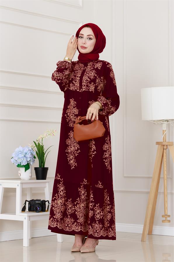 Yarım Düğmeli Robalı Zülal Elbise-Bordo