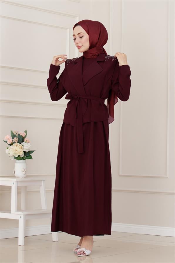 Yeleği Taş Detaylı Tensel Elbise-Bordo