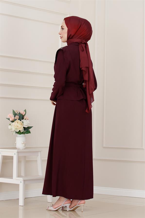 Yeleği Taş Detaylı Tensel Elbise-Bordo