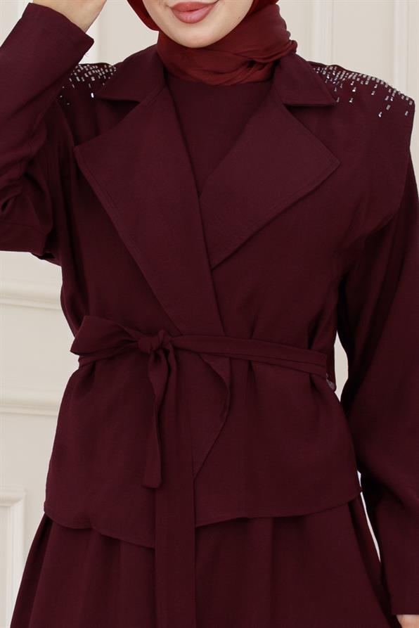 Yeleği Taş Detaylı Tensel Elbise-Bordo