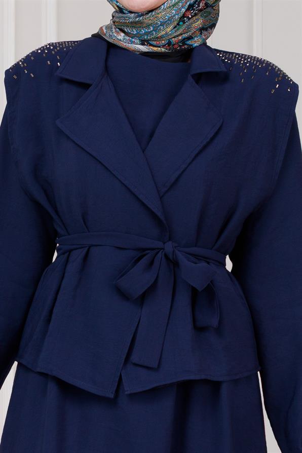 Yeleği Taş Detaylı Tensel Elbise-Lacivert