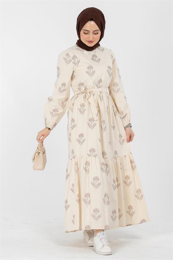 Clover Pattrened Linen Dress-Brown