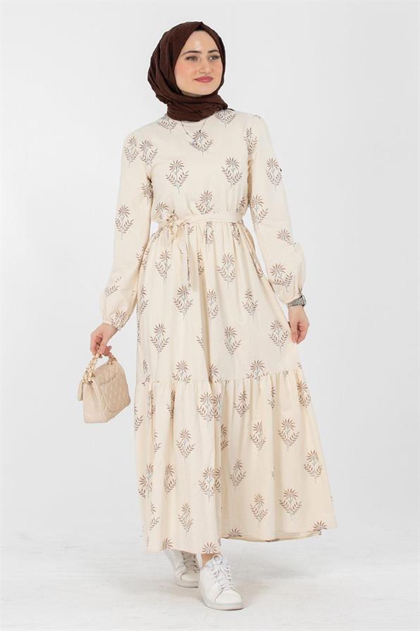 Clover Pattrened Linen Dress-Brown