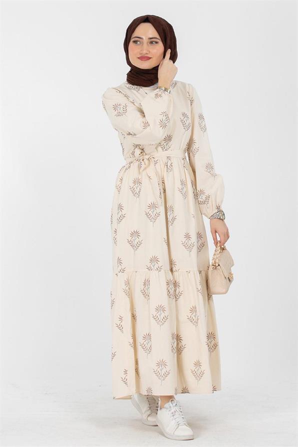 Clover Pattrened Linen Dress-Brown