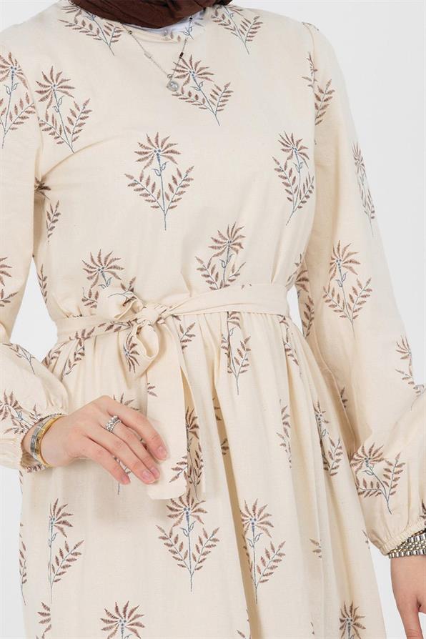 Clover Pattrened Linen Dress-Brown