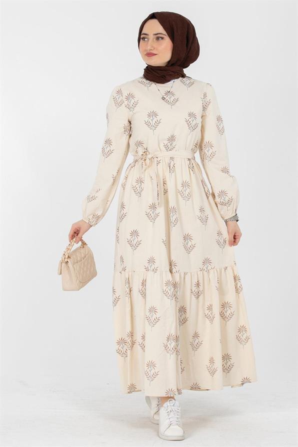 Clover Pattrened Linen Dress-Brown