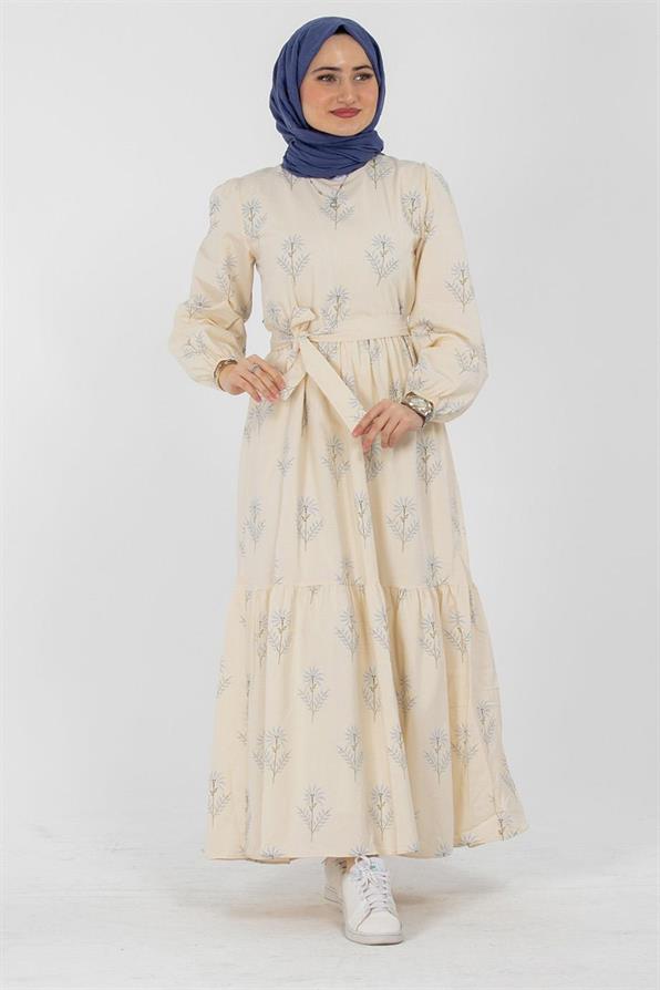 Clover Pattrened Linen Dress-Blue