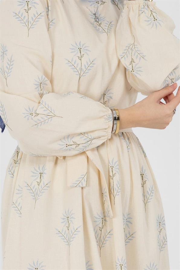 Clover Pattrened Linen Dress-Blue