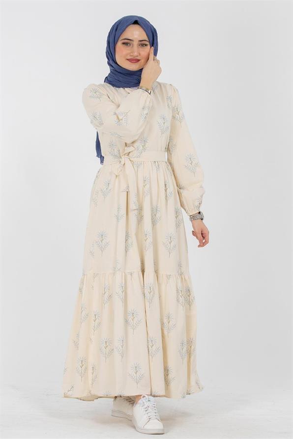 Clover Pattrened Linen Dress-Blue
