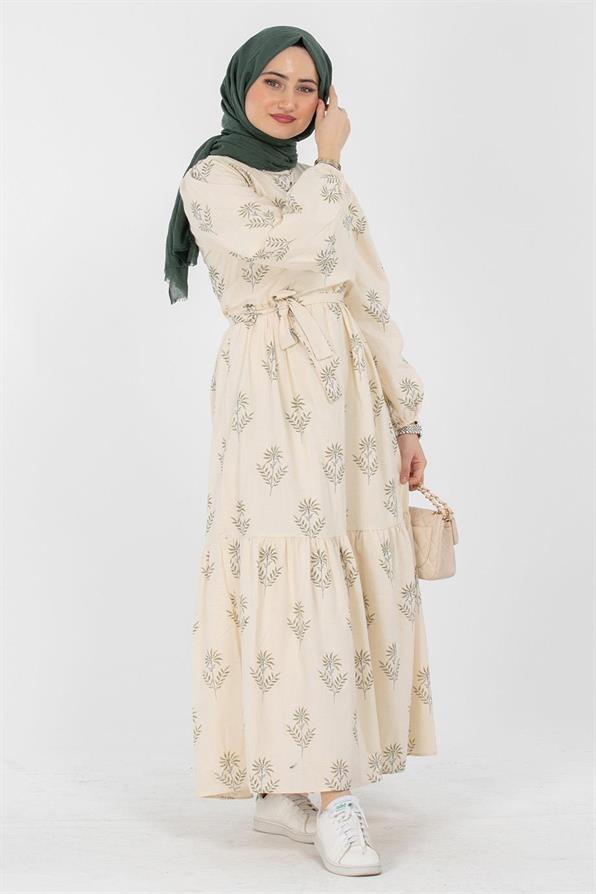Clover Pattrened Linen Dress-Green