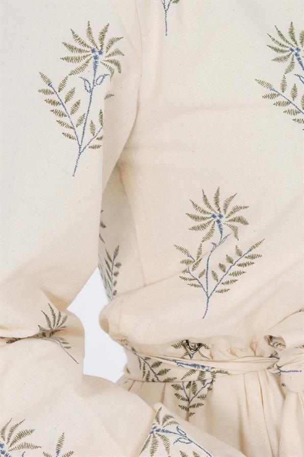 Clover Pattrened Linen Dress-Green