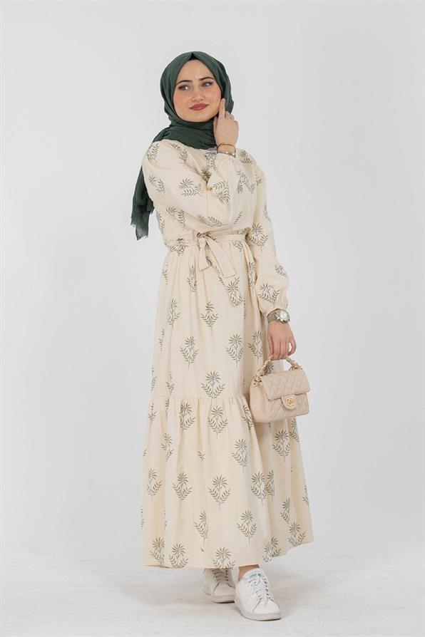 Clover Pattrened Linen Dress-Green