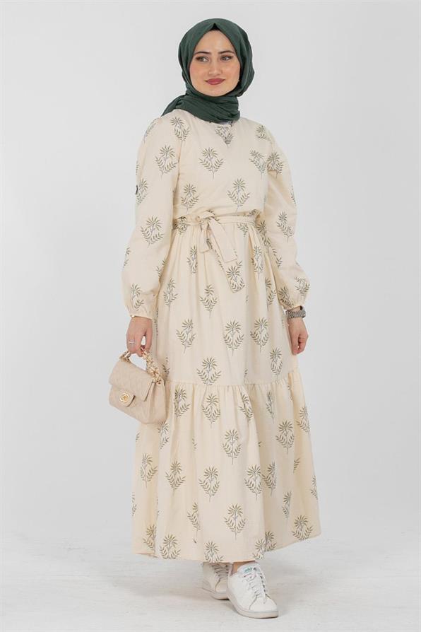 Clover Pattrened Linen Dress-Green