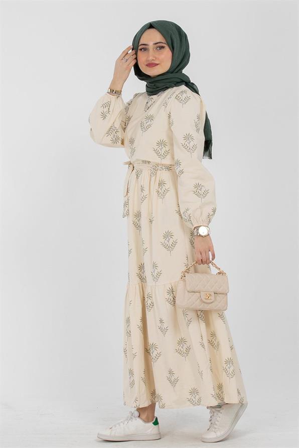 Clover Pattrened Linen Dress-Green