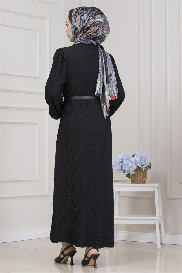 Yuvarlak Yaka Yağmur Elbise-Siyah