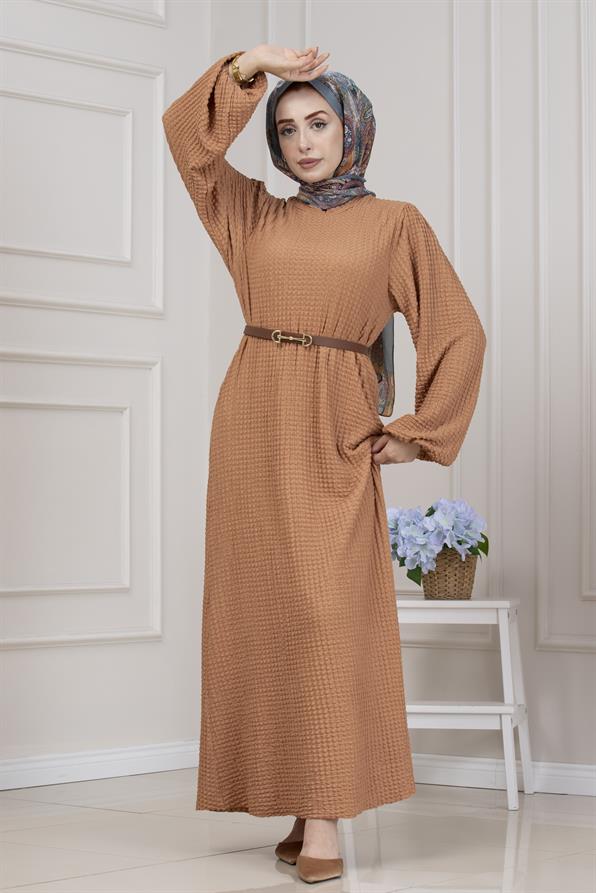 Yuvarlak Yaka Yağmur Elbise-Sütlü Kahve