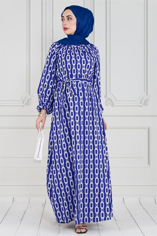 فستان محجبات بحزام- اللون أزرق