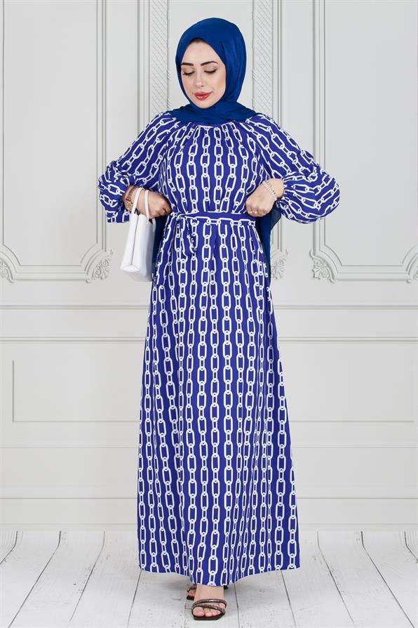 فستان محجبات بحزام- اللون أزرق