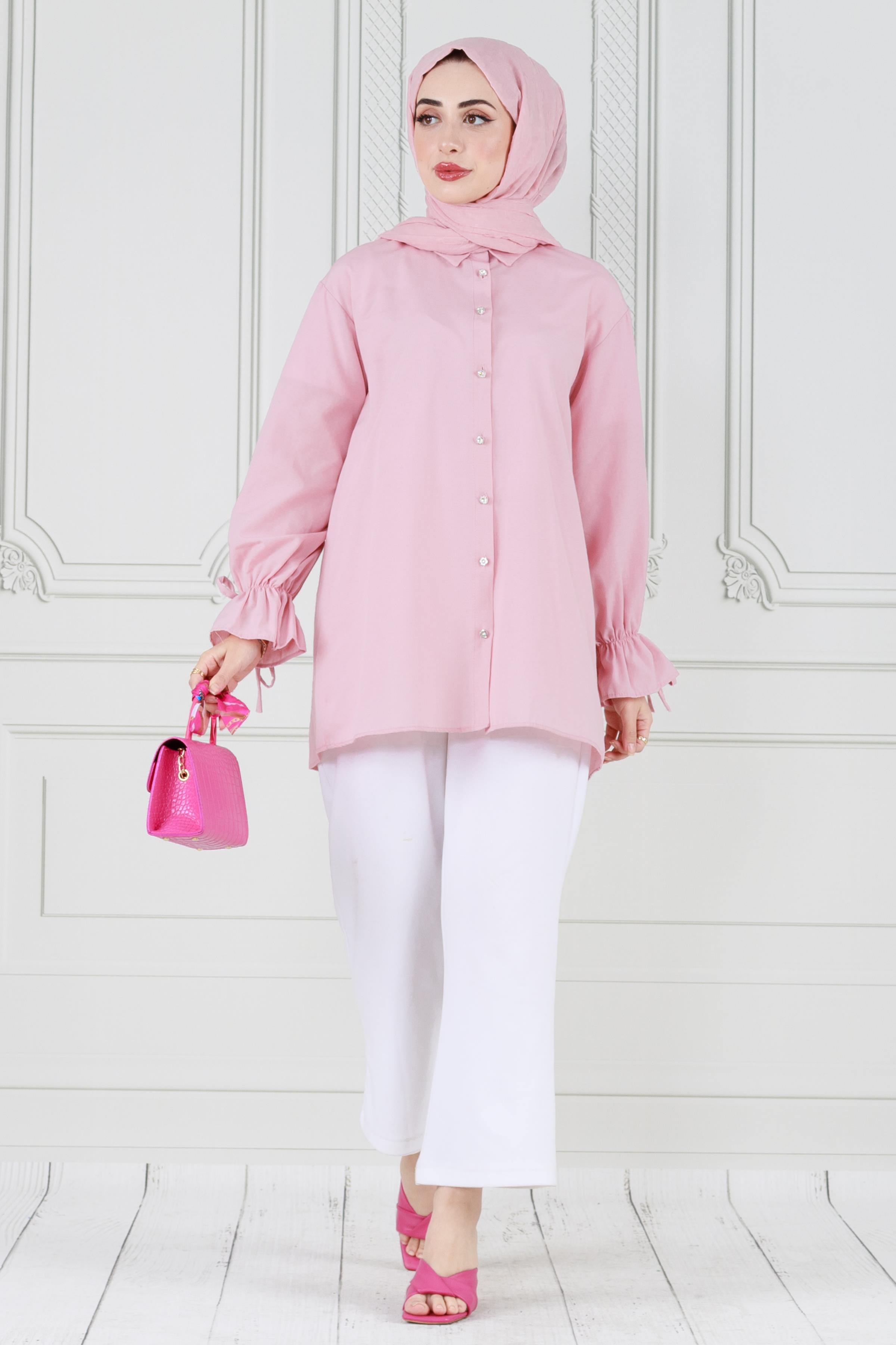 Arkası Piliseli Kolu Büzgülü Tunik-Pembe