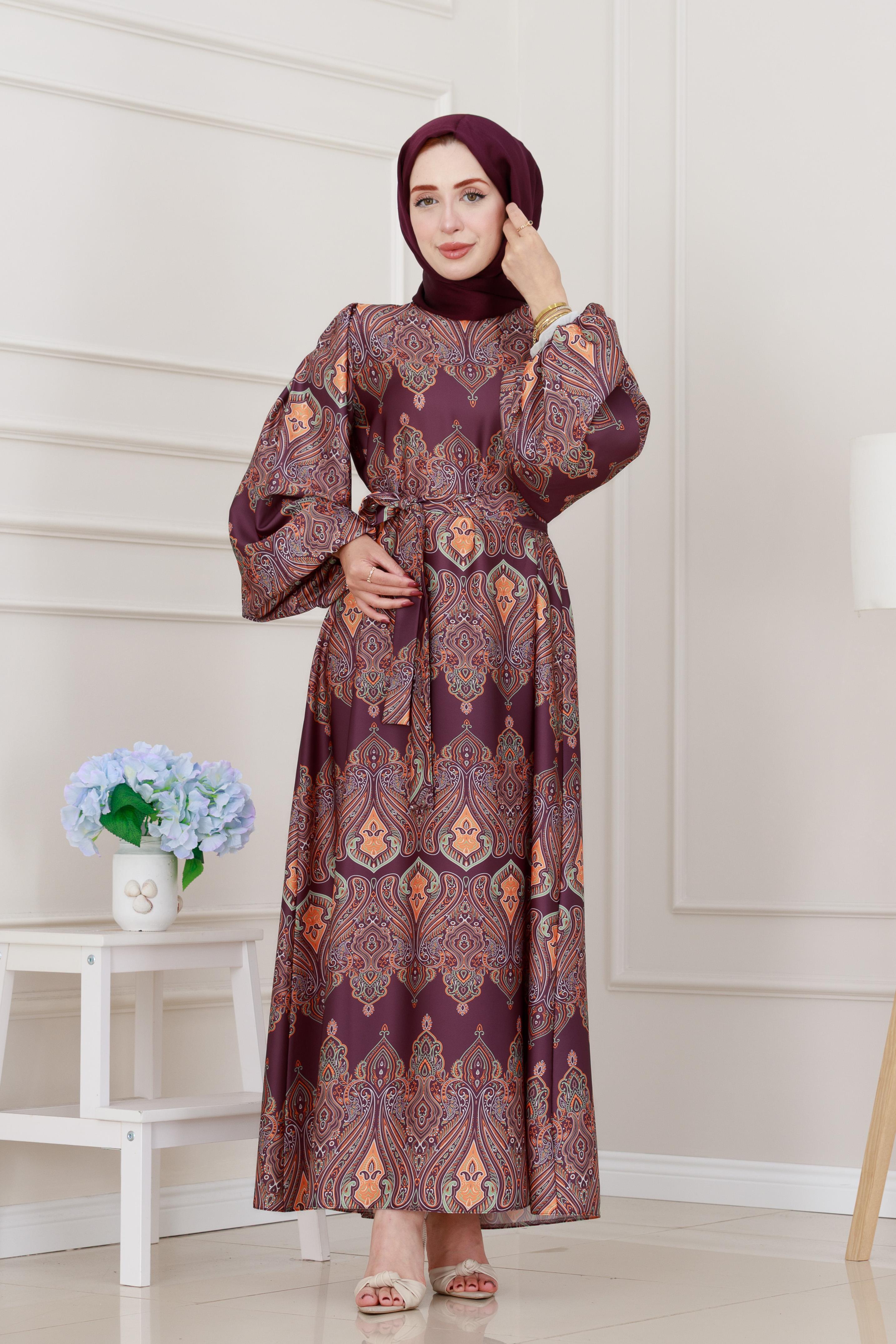 Balon Kol Saten Adel Elbise-Mor