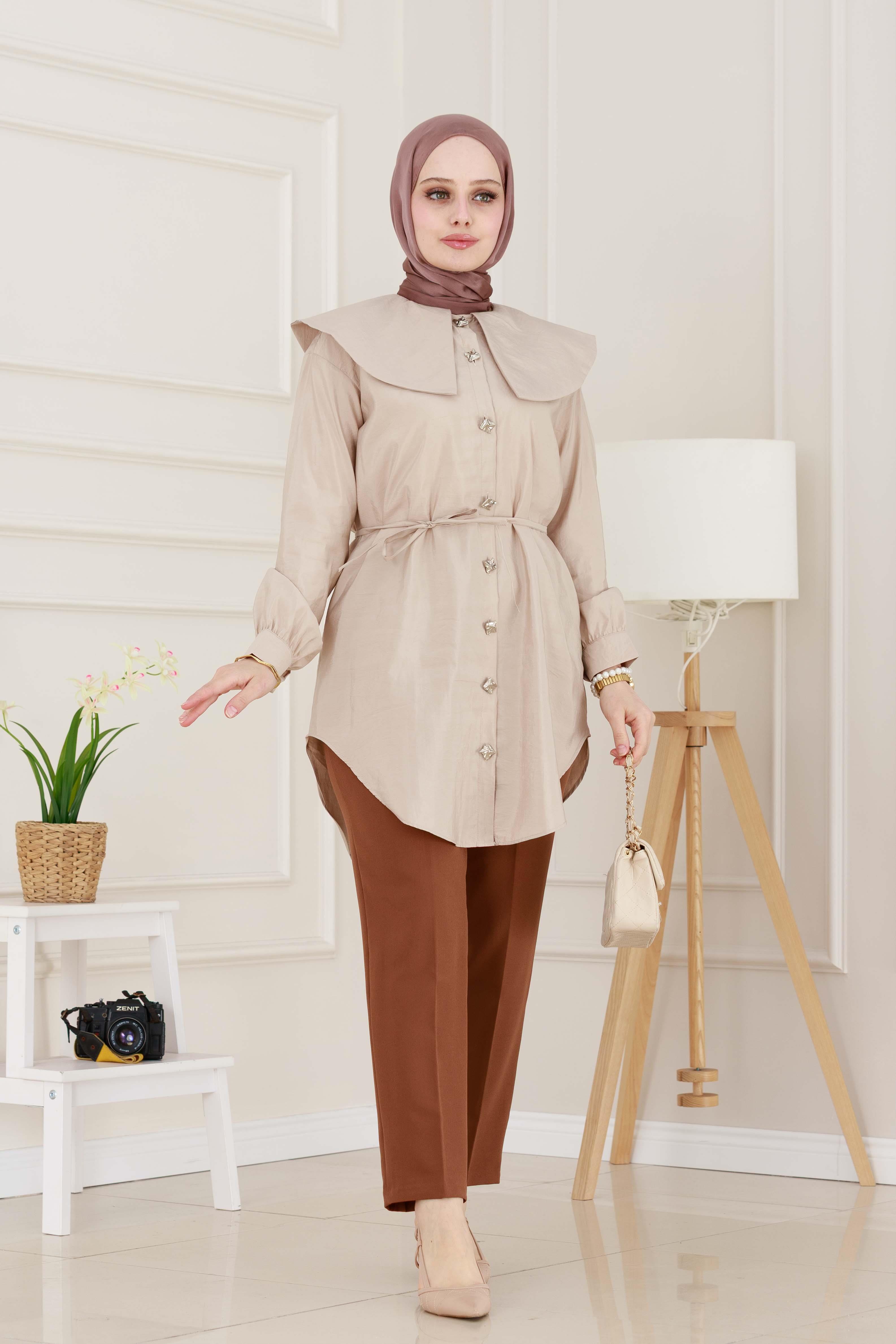 Beli Bağcık Detaylı Geniş Yaka Tunik-VİZON
