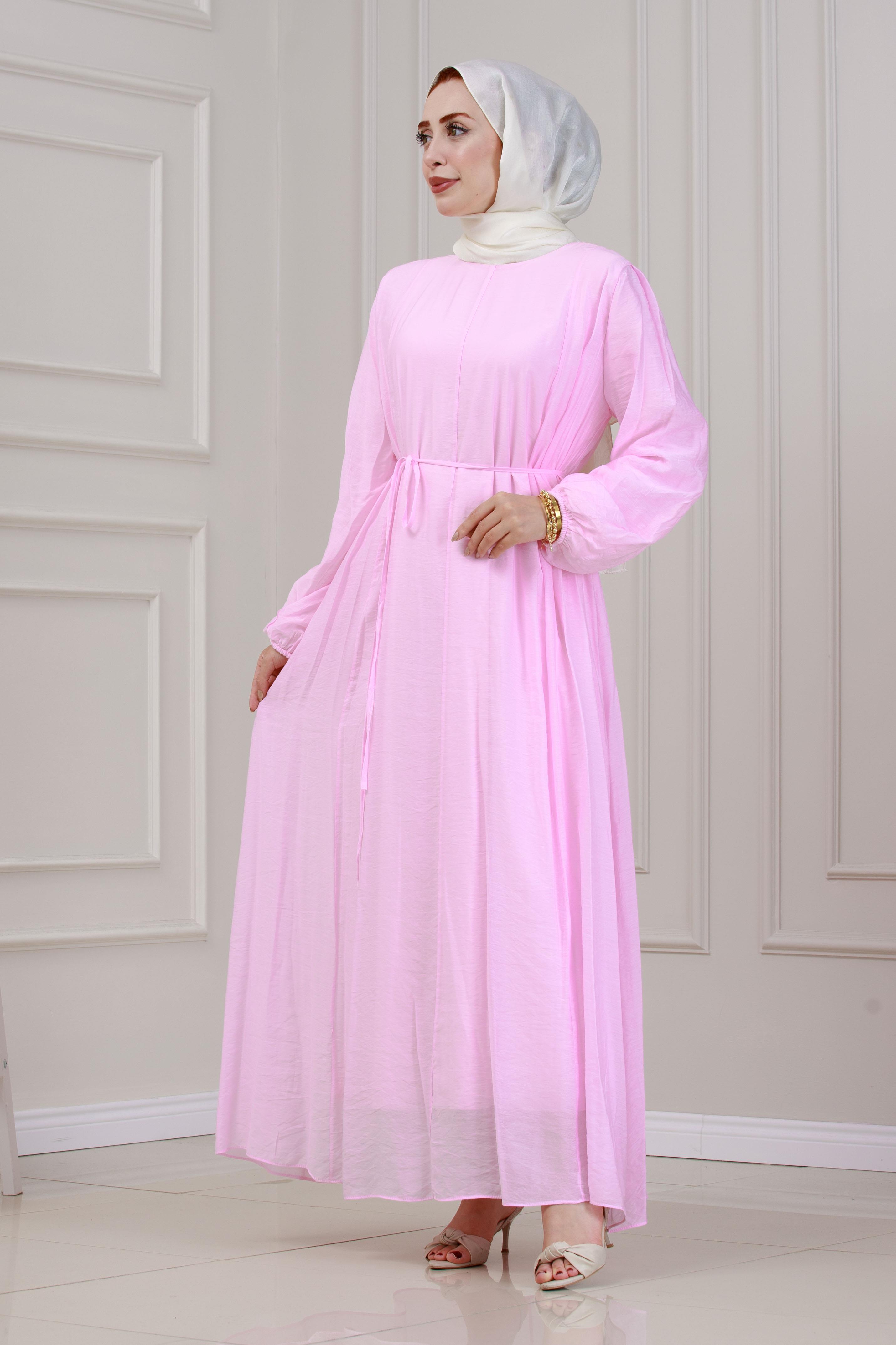 Beli Bağcıklı Pera Elbise-Pembe