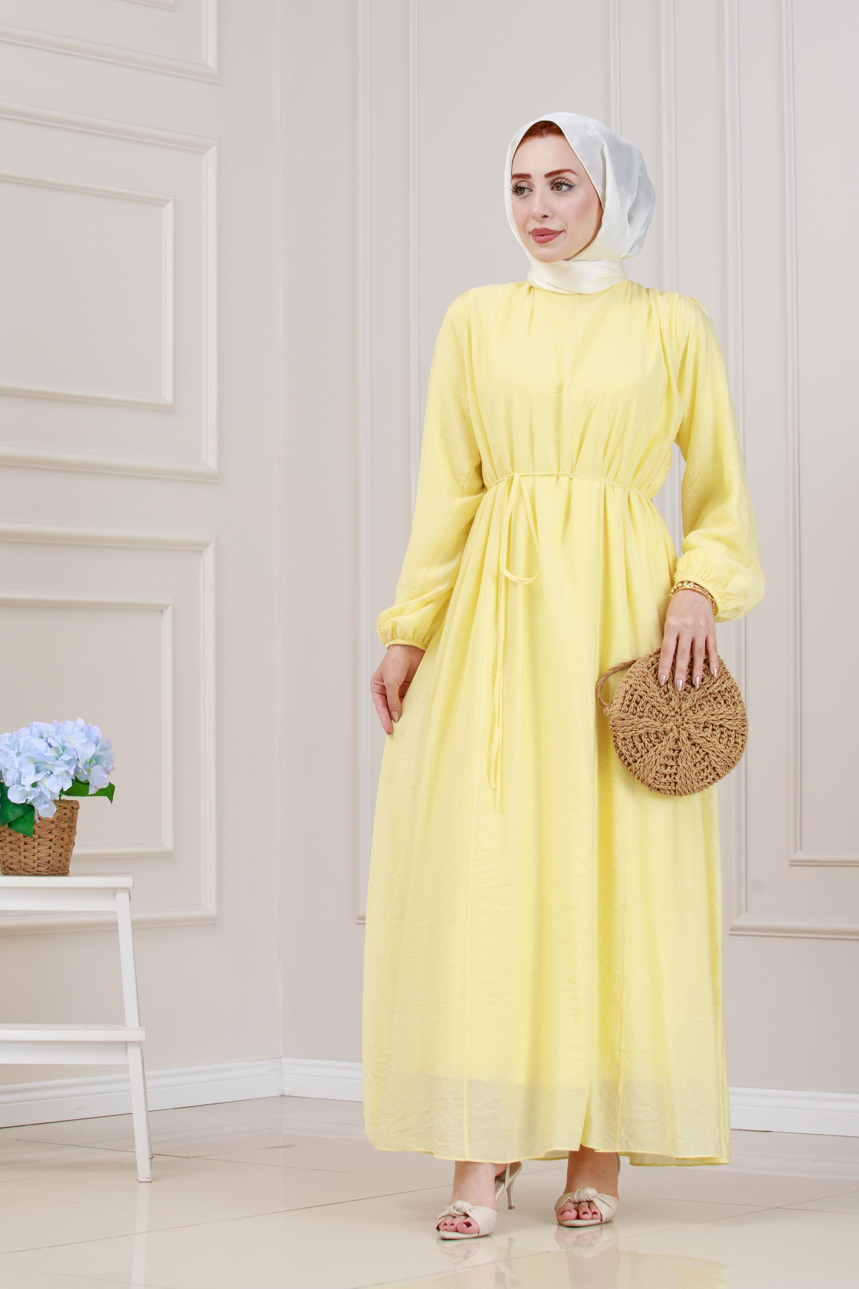 Beli Bağcıklı Pera Elbise-Sarı