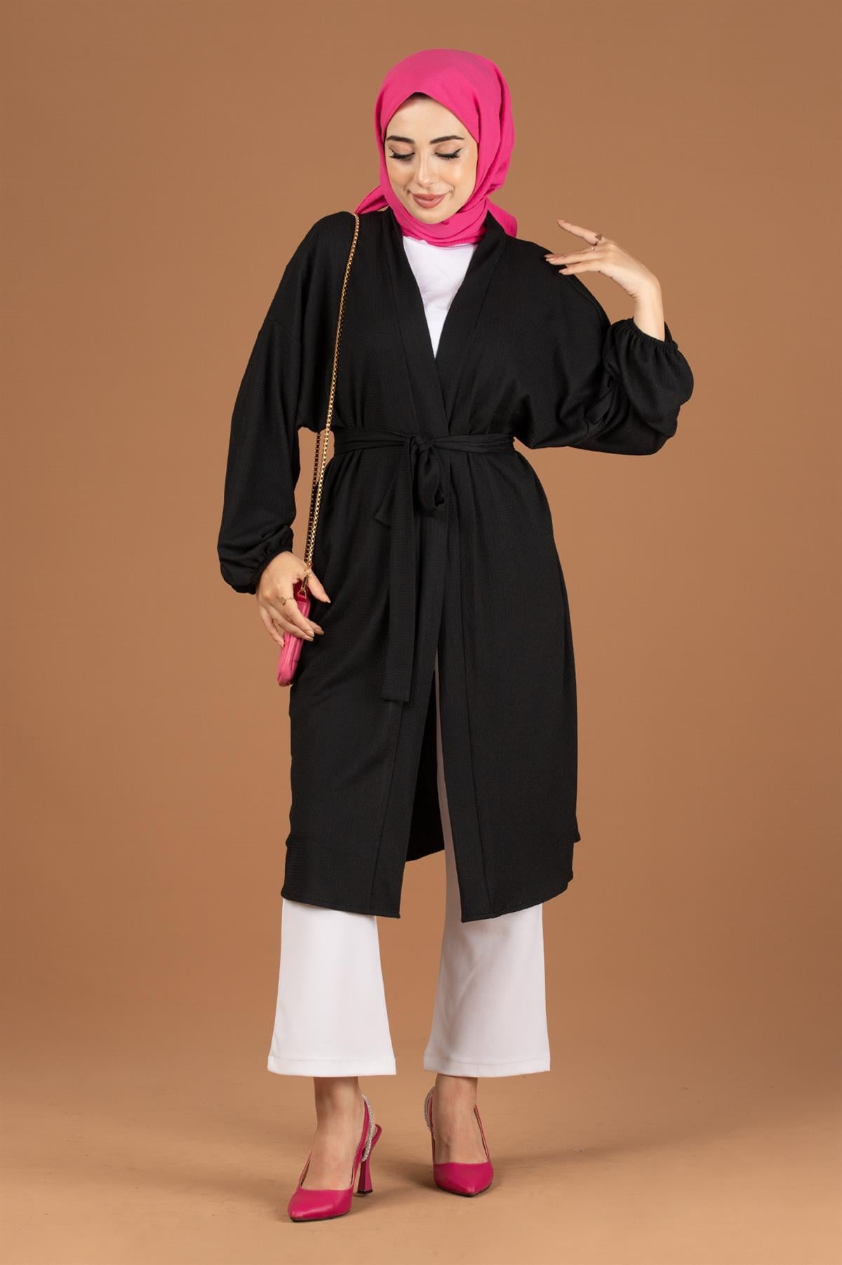 Beli Kemerli Bürümcük Kimono-Siyah